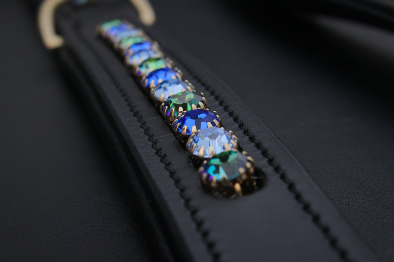 Hundehalsband Leder Blaue Kristalle